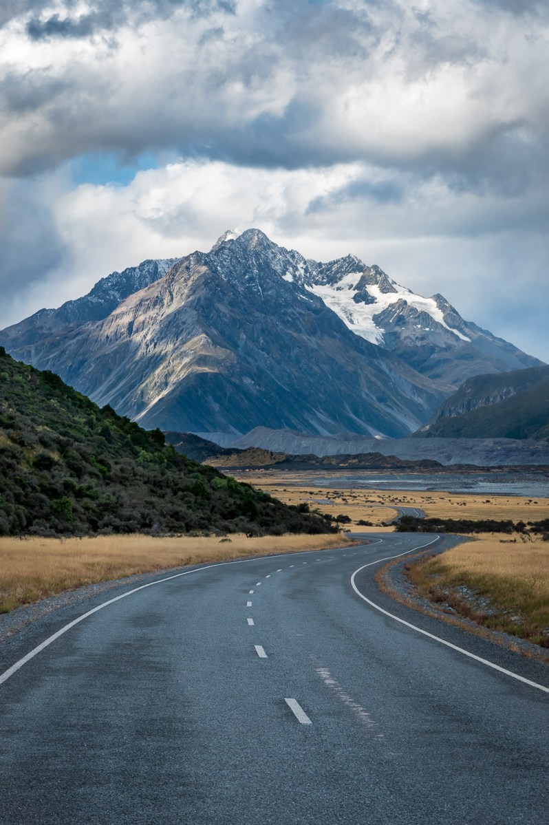 Winding road in Mount Cook National Park, New Zealand.
