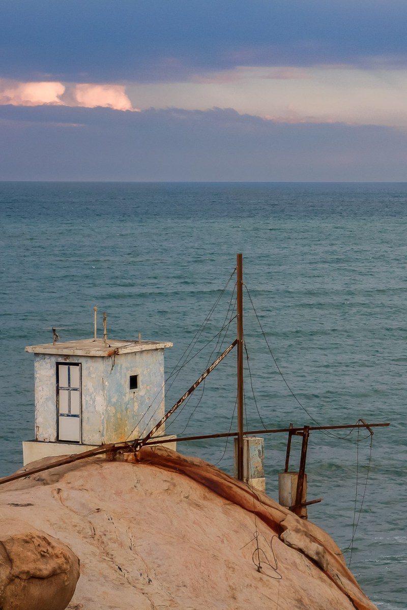 Fishing house made to pull up large nets, Kirinda, Sri Lanka.
